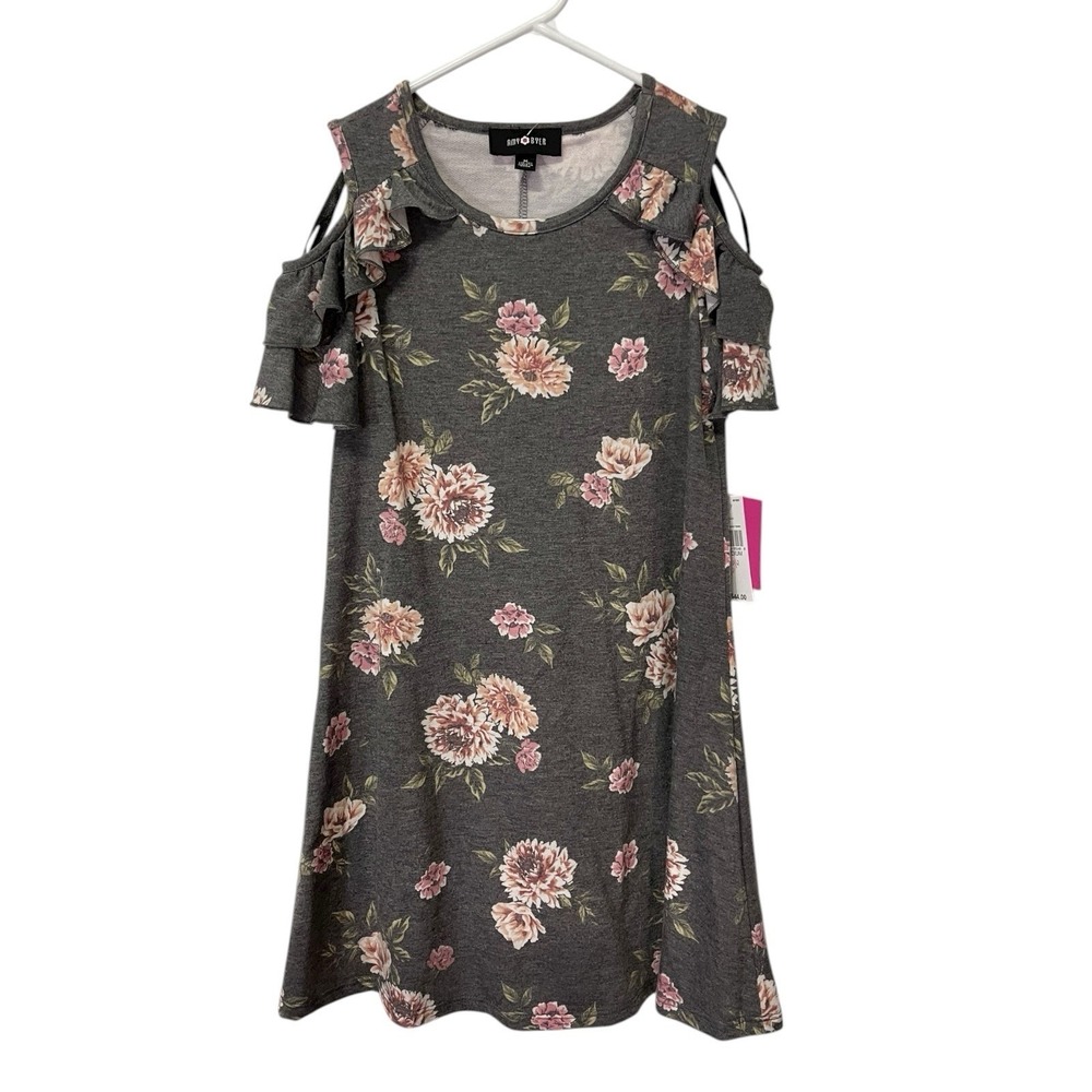 NEW Amy‎ Byer M 10-12 Grey Floral Cold Shoulder Ruffle Dress Cottagecore Boho